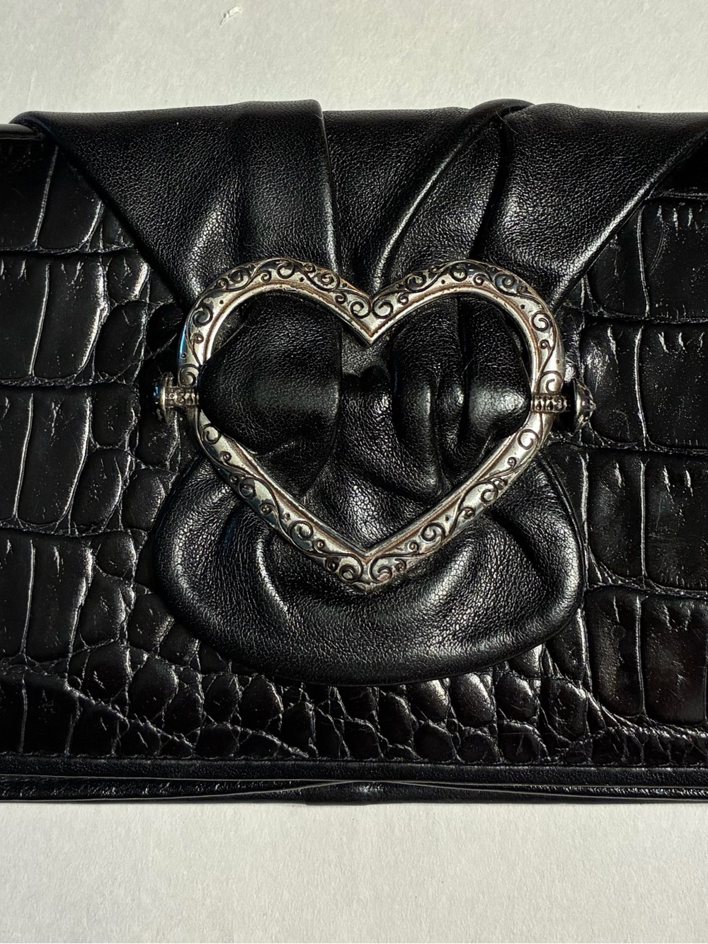 Brighton Black Leather Croc-Textured Wallet with Heart Buckle